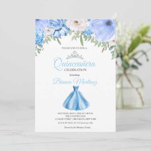 Quinceanera Baby Blauw Jurk Mis Quince Kaart (Staand voorkant)
