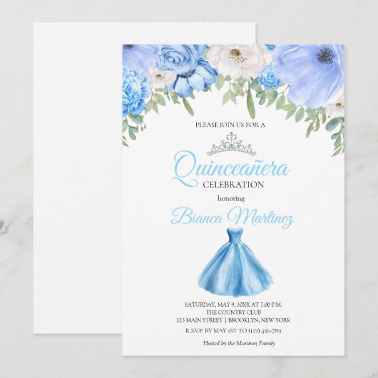 Quinceanera Baby Blauw Jurk Mis Quince Kaart (Voorkant / Achterkant)