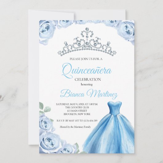 Quinceanera Baby Blauw Jurk Mis Quince Kaart (Voorkant)