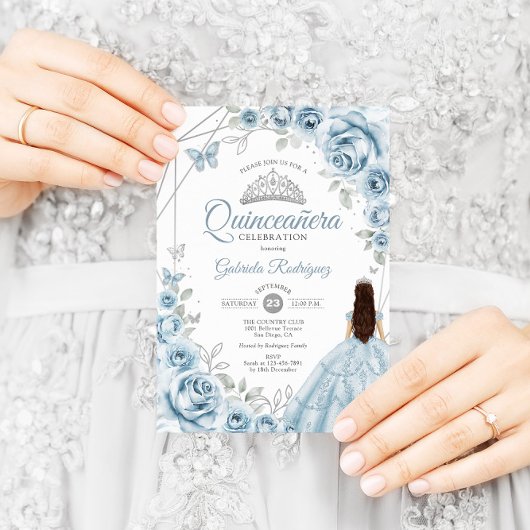 Quinceanera Baby Blauw Jurk Zilver Bloemen Kaart