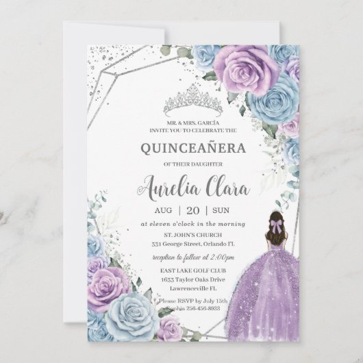 Quinceañera Baby Blauw Paarse Lila Bloemen Zilver Kaart (Voorkant)