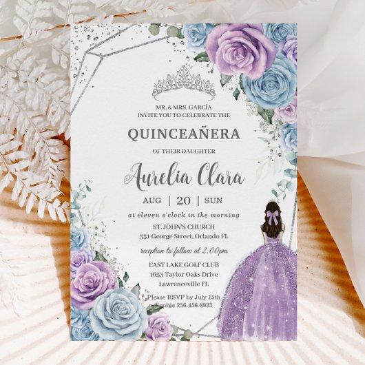 Quinceañera Baby Blauw Paarse Lila Bloemen Zilver Kaart