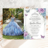 Quinceanera Baby Blauw Paarse Lila Bloemen Zilver Kaart