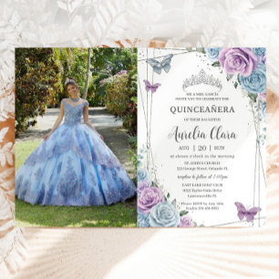 Quinceanera Baby Blauw Paarse Lila Bloemen Zilver Kaart