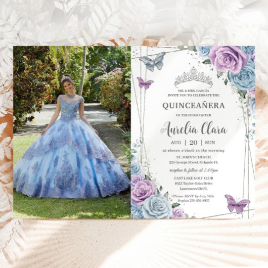 Quinceanera Baby Blauw Paarse Lila Bloemen Zilver Kaart