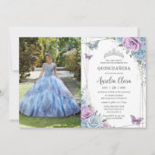 Quinceanera Baby Blauw Paarse Lila Bloemen Zilver Kaart (Voorkant)