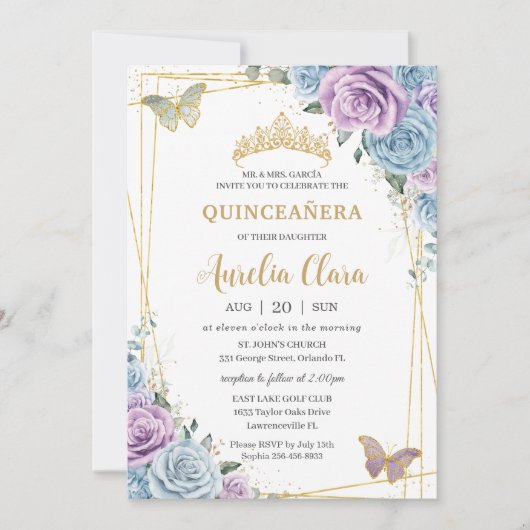 Quinceanera Baby Blauw Paarse Lila Bloemig Goud Kaart (Voorkant)