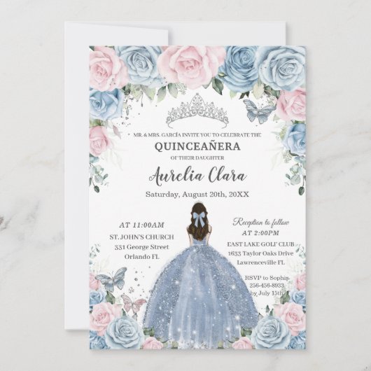 Quinceañera Baby Blauw Roze Bloemen Prinses Jurk Kaart (Voorkant)
