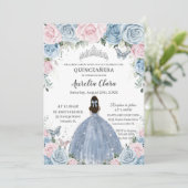 Quinceañera Baby Blauw Roze Bloemen Prinses Jurk Kaart (Staand voorkant)
