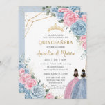 Quinceañera Baby Blauw Roze Floral Rozen Twins Kaart<br><div class="desc">Pas deze mooie quinceañera-uitnodiging gemakkelijk en snel aan met eigen tekst. Druk op de knop Aanpassen om de stijl en plaatsing van de tekst verder te herschikken en te formatteren. Overeenkomende objecten in de winkel! c) De Happy Cat Studio</div>