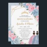 Quinceañera Baby Blauw Roze Floral Rozen Twins Kaart<br><div class="desc">Pas deze mooie quinceañera-uitnodiging gemakkelijk en snel aan met eigen tekst. Druk op de knop Aanpassen om de stijl en plaatsing van de tekst verder te herschikken en te formatteren. Overeenkomende objecten in de winkel! c) De Happy Cat Studio</div>