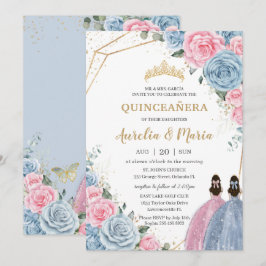 Quinceañera Baby Blauw Roze Floral Rozen Twins Kaart