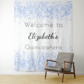 Quinceanera baby blauw wit welkom wandkleed (In situ)