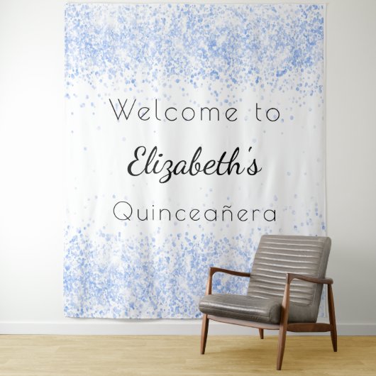 Quinceanera baby blauw wit welkom wandkleed (In situ)