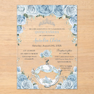 Quinceañera Baby Blauwe Bloemenkleed Cinderella Ko Acryl Uitnodigingen