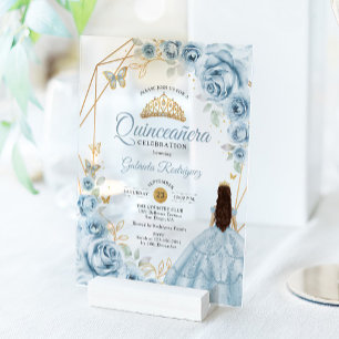 Quinceanera Baby Blauwe Jurk Bloem Goud Acryl Uitnodigingen
