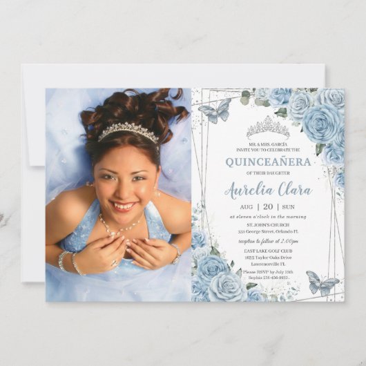 Quinceañera Baby Blue Floral Butterflies 16e Kaart (Voorkant)