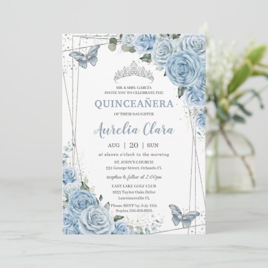 Quinceañera Baby Blue Floral Butterflies 16e Kaart (Staand voorkant)