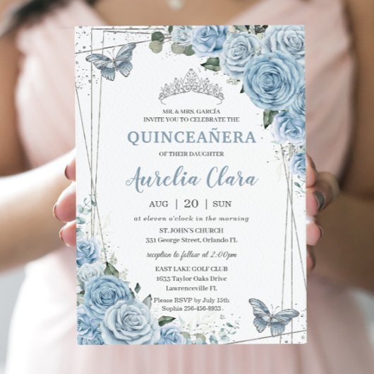 Quinceañera Baby Blue Floral Butterflies 16e Kaart