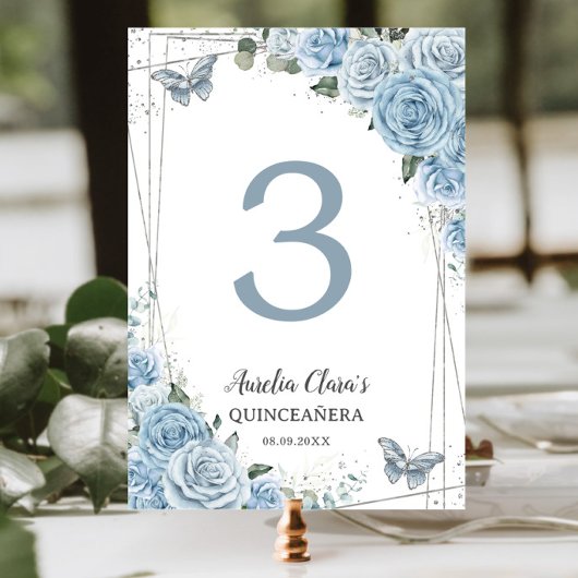 Quinceañera Baby Blue Floral Silver Butterflies Kaart