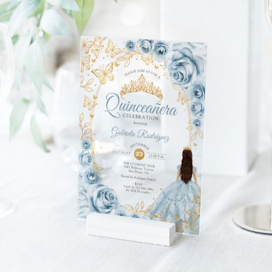 Quinceanera Baby Blue Gold Floral Acryl Uitnodigingen