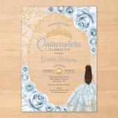 Quinceanera Baby Blue Gold Floral Acryl Uitnodigingen (Voorkant)