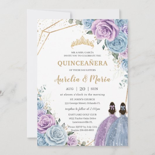 Quinceañera Baby Blue Lila Paarse Bloemstuk Tweeli Kaart (Voorkant)