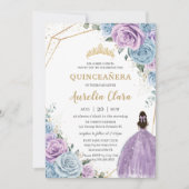 Quinceañera Baby Blue Paars Lila Floral Gold Kaart (Voorkant)