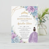 Quinceañera Baby Blue Paars Lila Floral Gold Kaart (Staand voorkant)