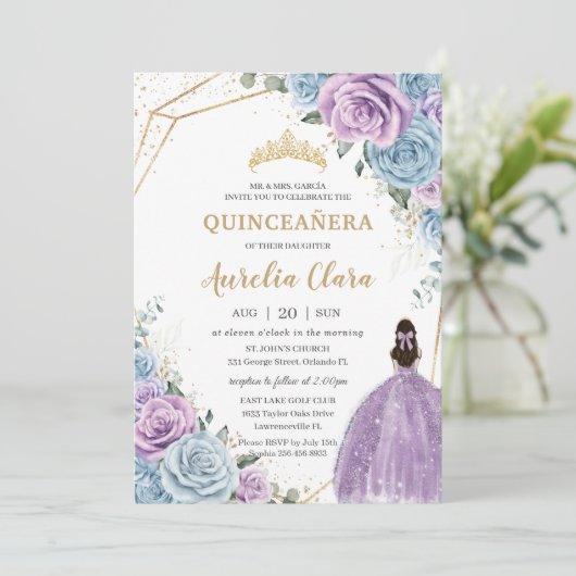 Quinceañera Baby Blue Paars Lila Floral Gold Kaart (Staand voorkant)
