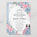 Quinceañera Baby Blue Pink Floral Twins Silver Kaart<br><div class="desc">Pas deze mooie quinceañera-uitnodiging gemakkelijk en snel aan met eigen tekst. Druk op de knop Aanpassen om de stijl en plaatsing van de tekst verder te herschikken en te formatteren. Overeenkomende objecten in de winkel! c) De Happy Cat Studio</div>