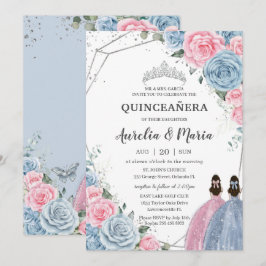 Quinceañera Baby Blue Pink Floral Twins Silver Kaart
