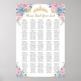 Quinceañera Baby Blue Roze Floral Seating Chart Poster
