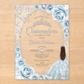 Quinceanera Baby Blue Silver Floral Acryl Uitnodigingen (Voorkant)