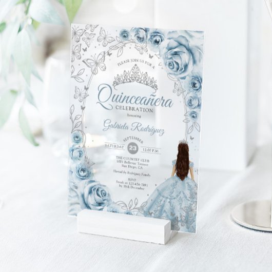 Quinceanera Baby Blue Silver Floral Acryl Uitnodigingen