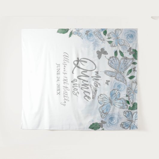 Quinceanera Baby Blue Vlinders Bloemen Achtergrond Wandkleed (Voorkant (horizontaal))