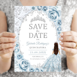 Quinceanera Baby Blue Zilveren Bloemen Save The Date