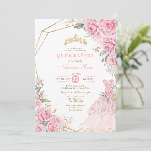 Quinceañera Baby Pink Floral Gold Crown Princess Kaart (Staand voorkant)