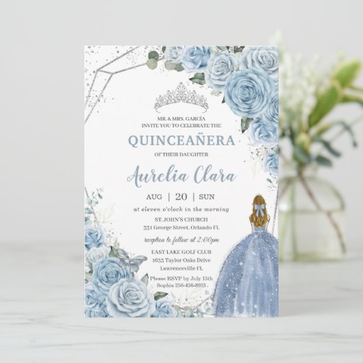 Quinceañera Baby Zacht Blauw Bloemen Prinses 15 16 Kaart (Staand voorkant)