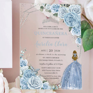 Quinceañera Baby Zachte Blauwe Bloemige Prinses Mi Acryl Uitnodigingen