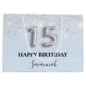 Quinceanera babyblauw zilverglitsstof groot cadeauzakje (Achterkant)