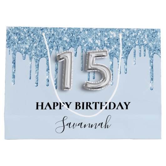 Quinceanera babyblauwe glitter druppelnaam groot cadeauzakje (Achterkant)