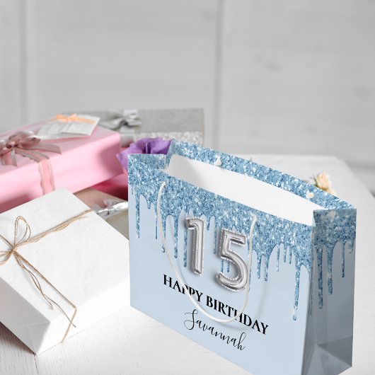 Quinceanera babyblauwe glitter druppelnaam groot cadeauzakje