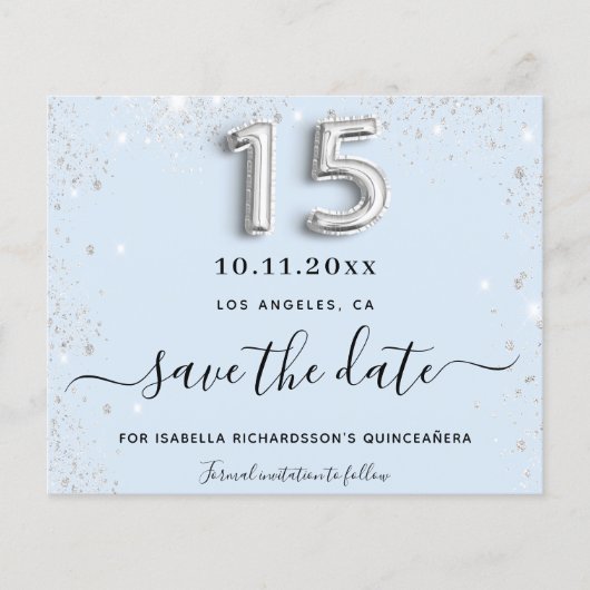 Quinceanera babyblauwe zilveren glitters save the (Voorkant)