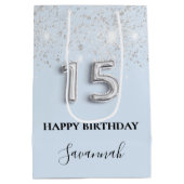 Quinceanera babyblauwe zilverglitter medium cadeauzakje (Achterkant)