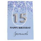 Quinceanera babyblauwe zilverglitter medium cadeauzakje (Voorkant)