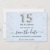 Quinceanera babyblauwe zilverglitter save the date (Voorkant)