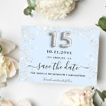 Quinceanera babyblauwe zilverglitter save the date<br><div class="desc">Een meisje en trendy Save the Date for a Quinceañera,  15e verjaardagsfeest. Ababyblauwe achtergrond versierd met faux glitter stof. Pas een datum en een naam/leeftijd aan en voeg deze toe. De tekst: Sparen de Datum wordt geschreven met een groot trendy hand lettered stijlmanuscript. Nummer 15 met een ballonstijllettertype.</div>