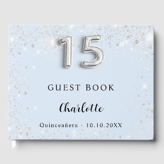 Quinceanera babyblauwe zilversparren gastenboek (Voorkant)