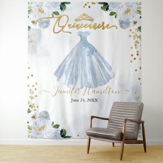Quinceanera Backdrop Blue Floral Pink Dress Wandkleed (In situ)